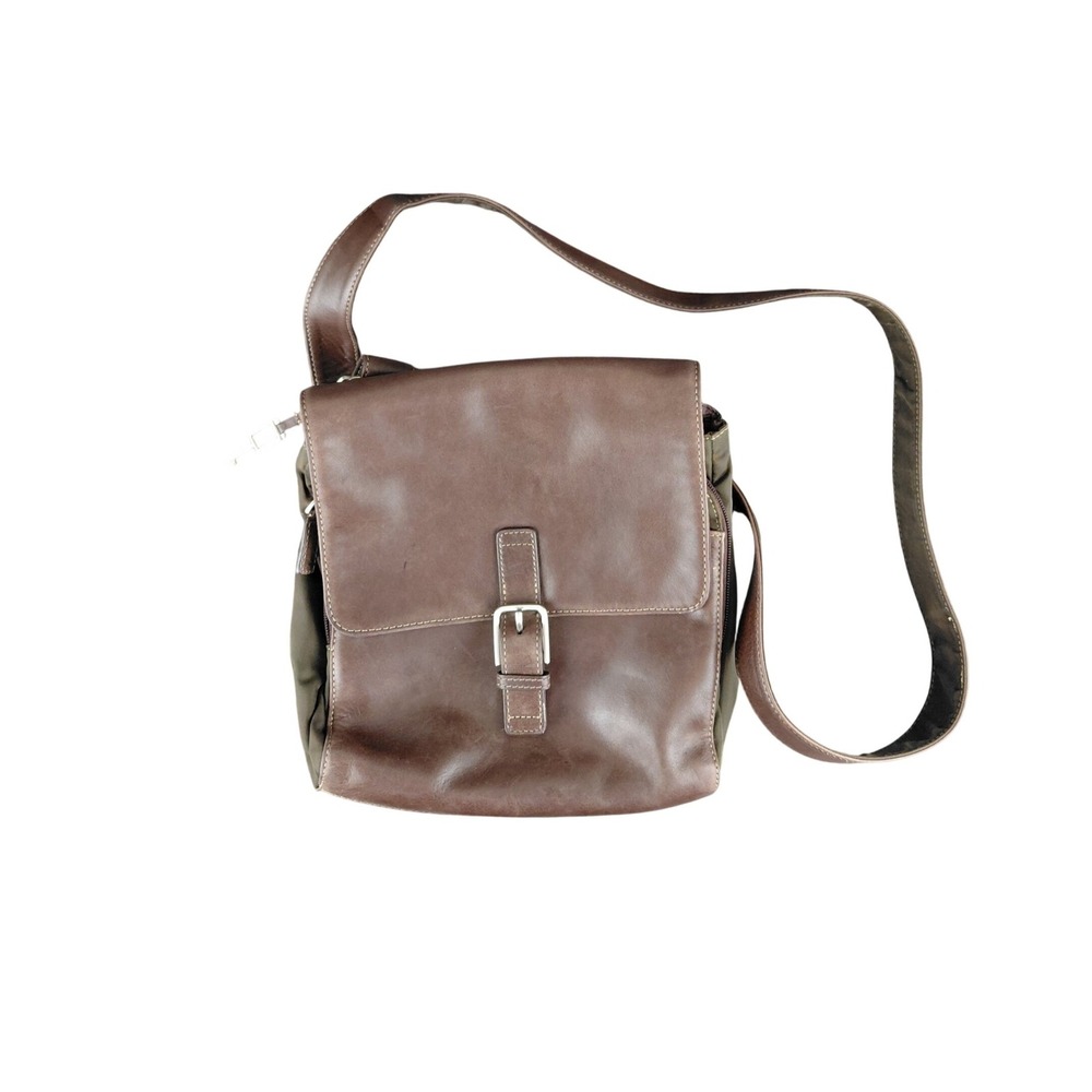 Fossil Brown Leather Olive Nylon Crossbody‎ Messenger Bag Organizer Flap Bag